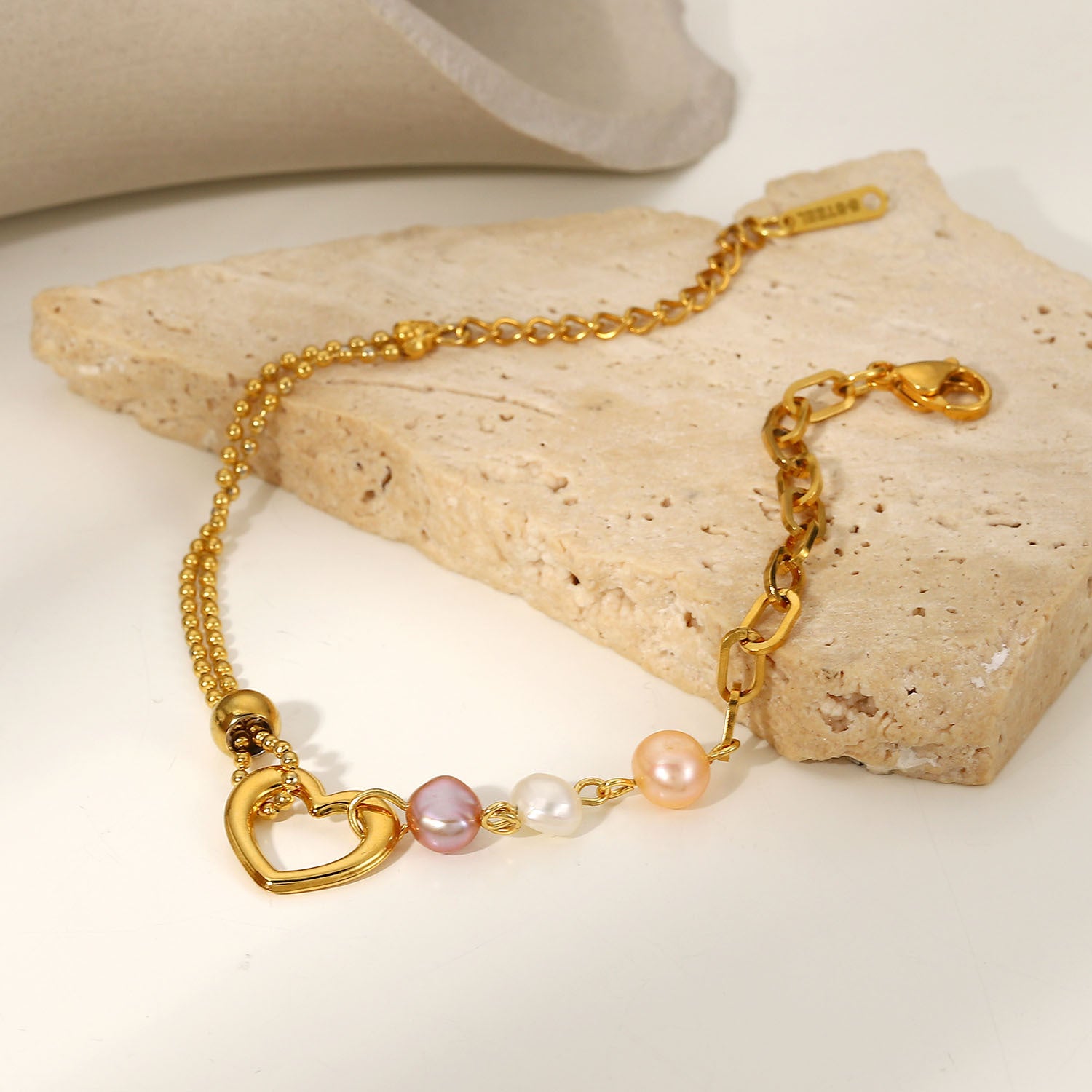 Stainless Steel PVD 18K Gold Plated Tarnish Waterproof Natural Pearl Heart Brac image 5