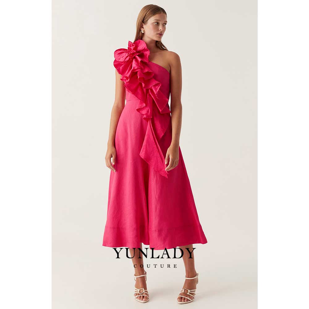 YUNLAN Gorgeous Dubai Pink One Shoulder Sleeve Midi Ball Dress 2024 Women Weddi image 0