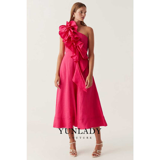 YUNLAN Gorgeous Dubai Pink One Shoulder Sleeve Midi Ball Dress 2024 Women Weddi image 0