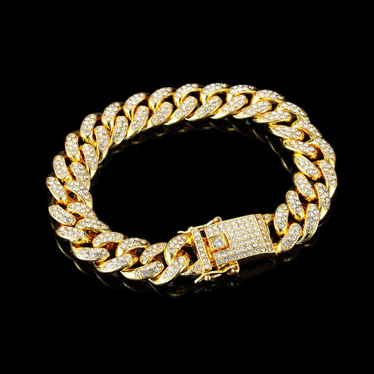 New Shiny Inlaid Rhinestone Cuban Link Chain Bracelet 14k Gold Plated Bracelet image 0
