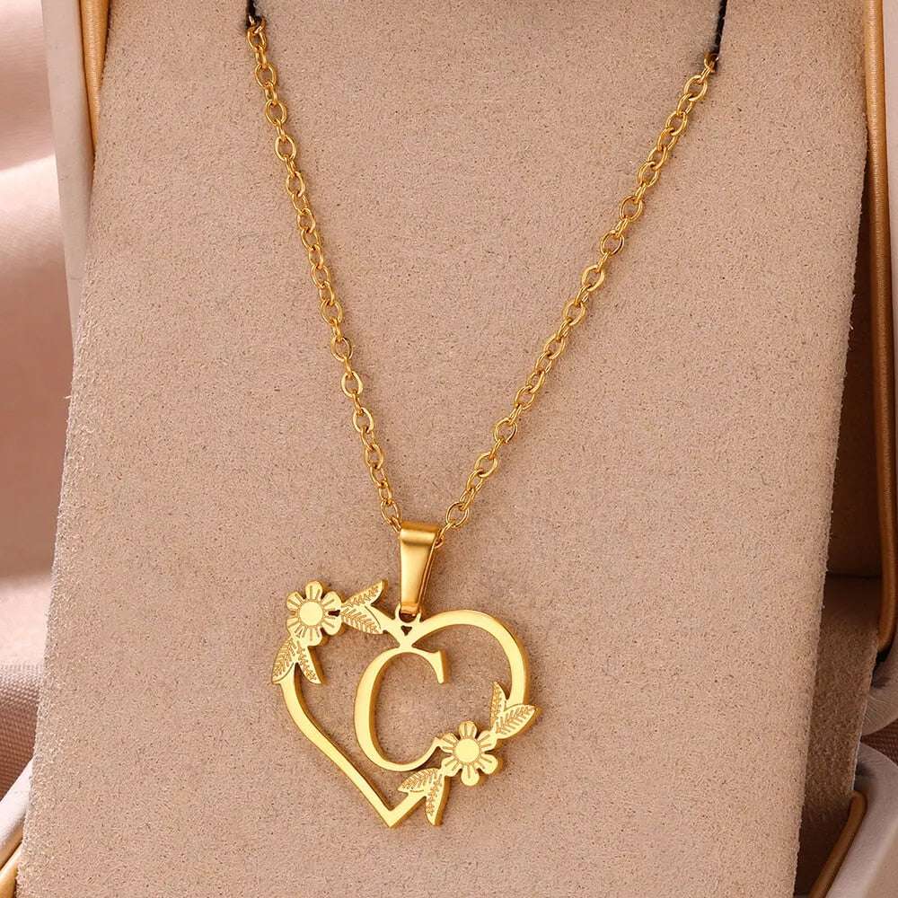 Gold Color Dainty Flower Initials Necklace Women Girl Stainless Steel Heart Let image 3