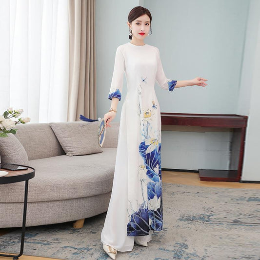 Spring Summer Ao Dai Cheongsam Folk Style Vietnam Chiffon Aodai Graceful Elegan image 0
