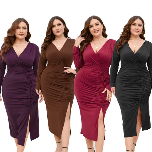 4XL 5XL Long Sleeve Solid Color V-neck Wrap Hip Skirt Slit Europe Cute Slimming image 0