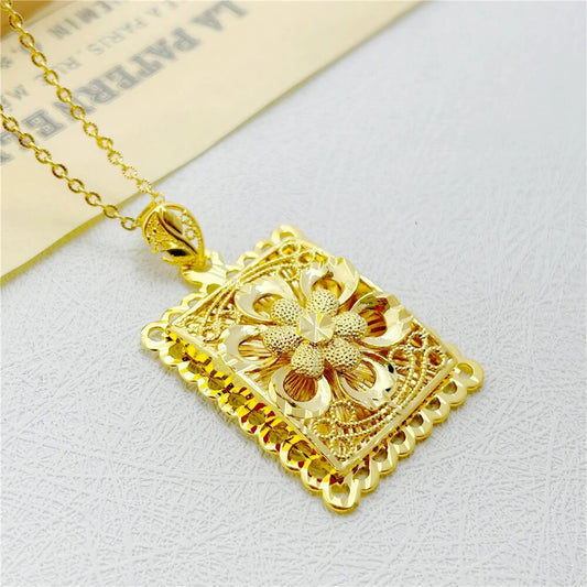 24K Gold Plated Charm Necklaces For Women Big Square Pendant Necklace Chain Col image 0