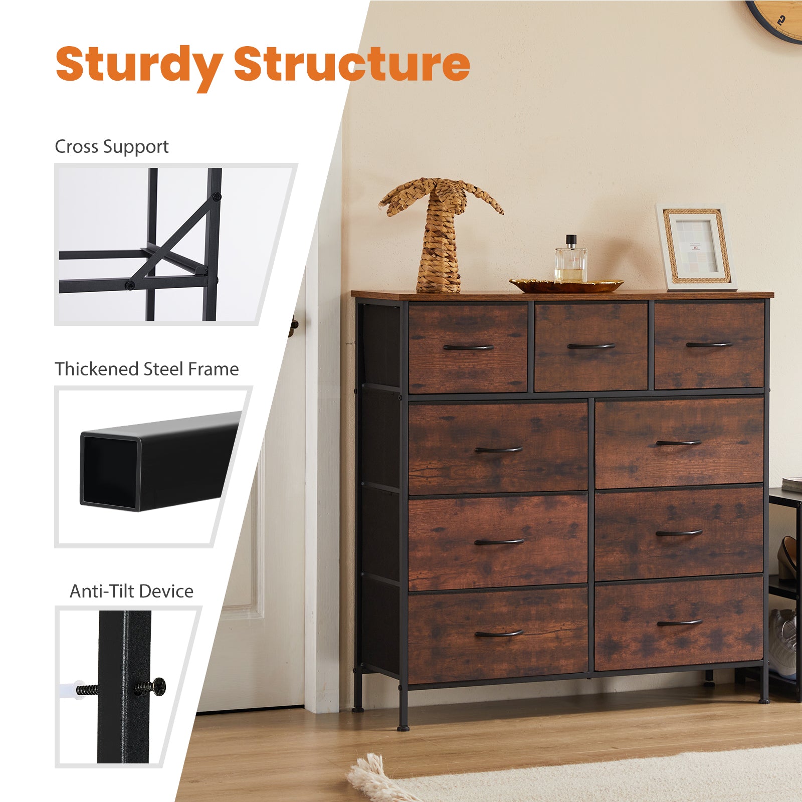 Dresser For Bedroom With 9 Fabric Storage Drawer Wardrobe Tall Chest Organizer  image 3