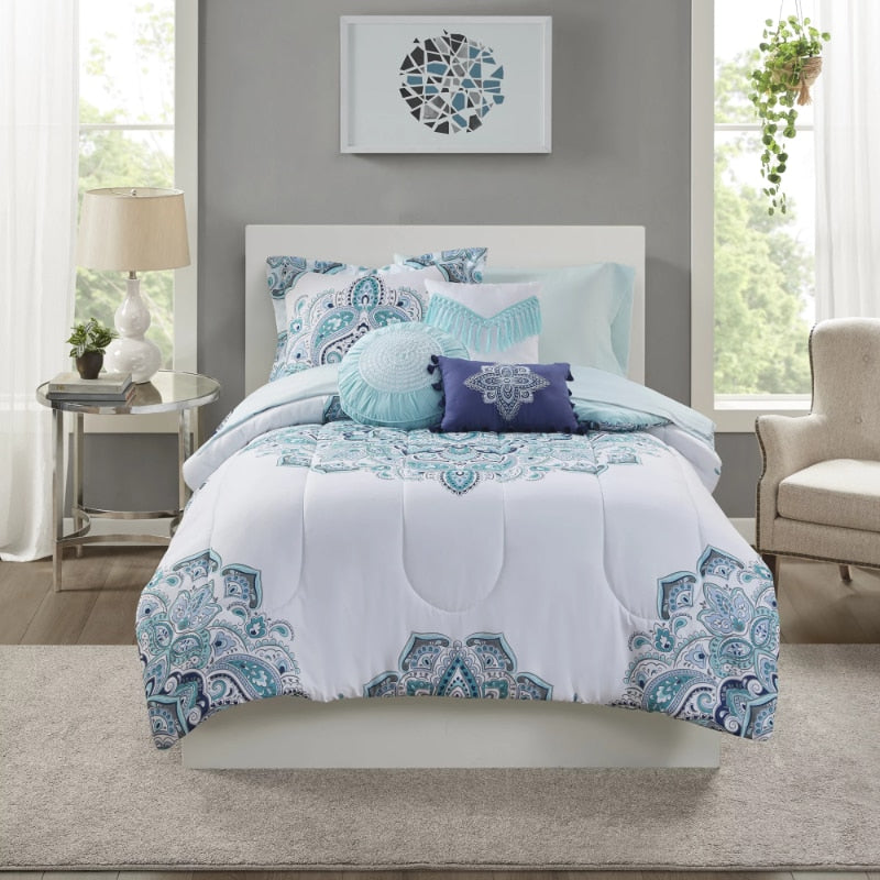 Mainstays Teal Medallion 10 Piece Bed in a Bag Comforter Bedding Set with Sheets image 0