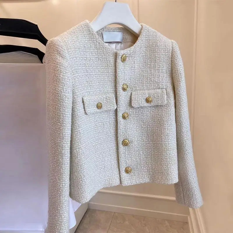 French Wool Tweed Coat Fashion High-end Gold Button Short Slim Temperament Spri image 4