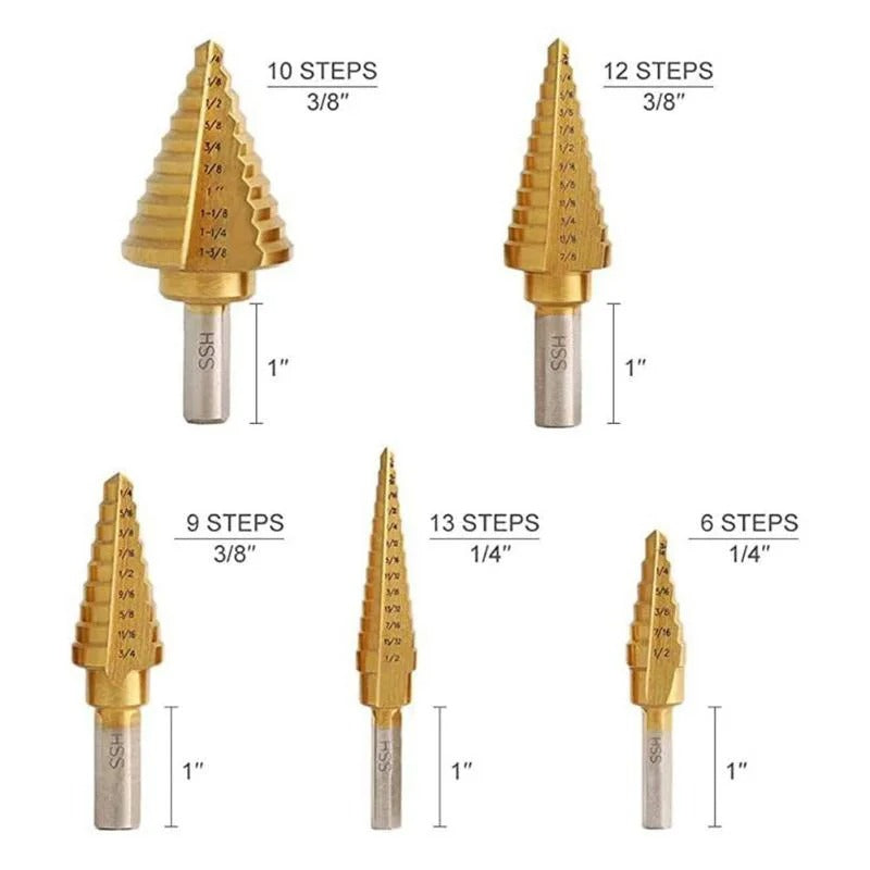 Step Drill Bit Set 5-Piece Titanium-Coated High Speed Steel with Automatic Cent image 5