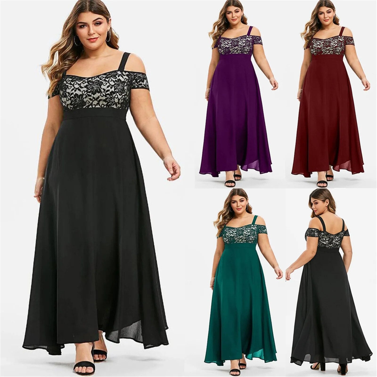 Plus Size Women Plus Size Cold Shoulder Floral Lace Maxi Party Evening Camis Lo image 5