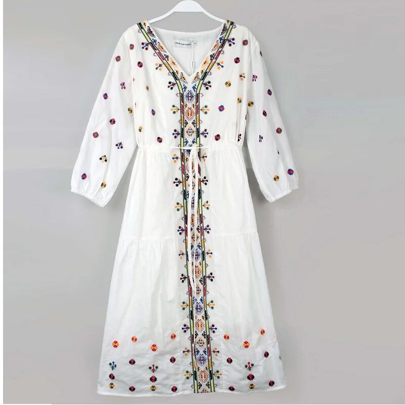 Vintage Cotton Embroidery Floral Casual Loose Lace Up Boho Beach Mini Dress Wom image 6