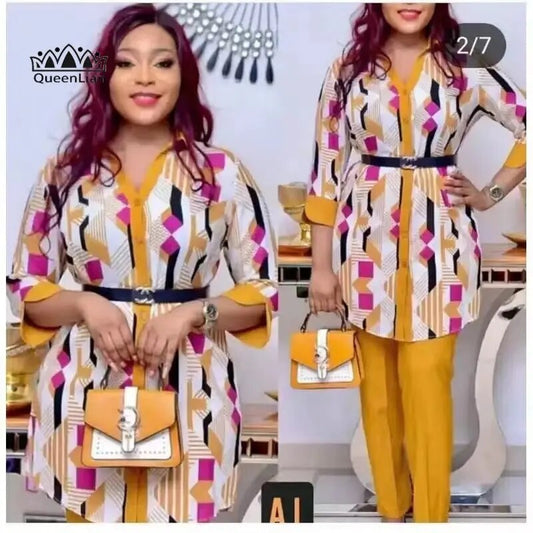 New Africa 4-Sizes Fashion  Dashiki Pants with Long Coat 2 Pieces Suit For Wome image 0