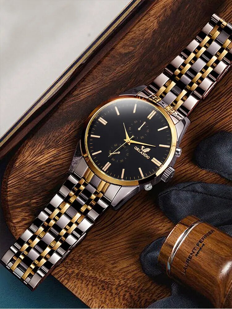 2PCs Fashion Business Big Dial Men's Room Gold Steel Band Quartz Wristwatch wit image 5