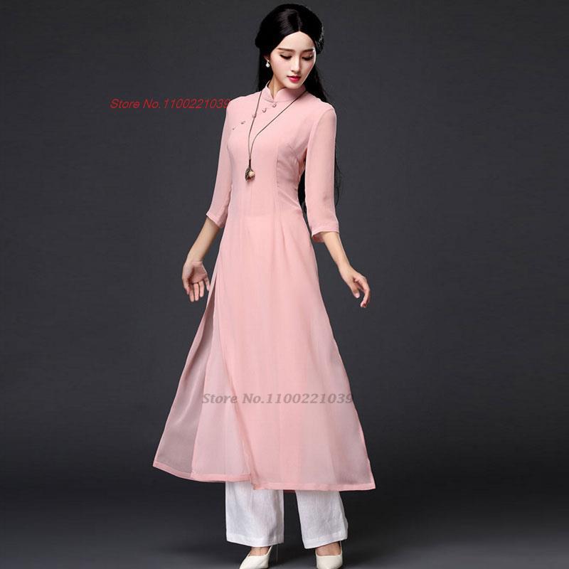 2024 traditional folk style aodai dress+pants set vietnam chiffon aodai elegant image 11