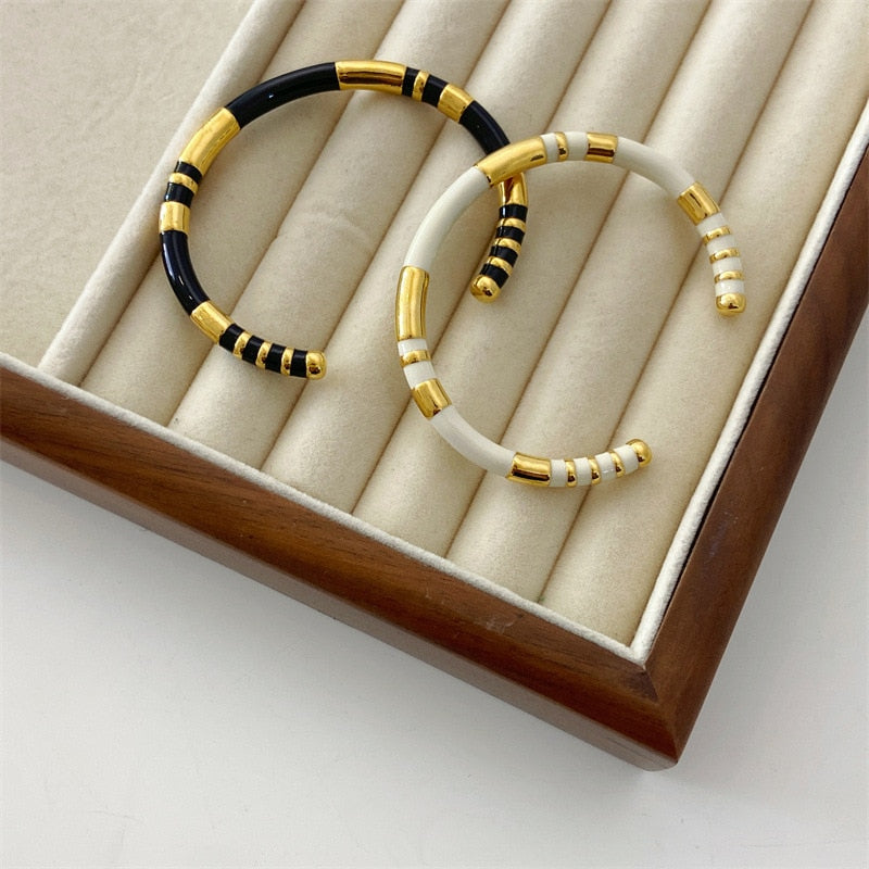 HUANZHI Enamel Spliced Copper Gold Plated Cuff Bracelet for Women Men Fashion E image 11