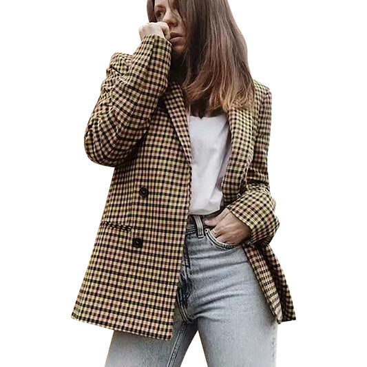 Ladies' Autumn And Winter Double Breasted Lapel Long Sleeved Checkered Suit Jac image 0