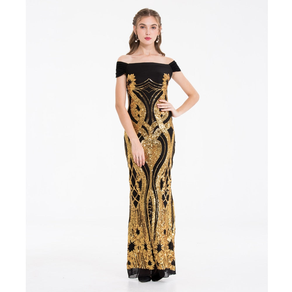 Angel-fashions Sparkling Gold Art-Deco Sequin Off Shoulder Cap Sleeve Formal Ev image 4