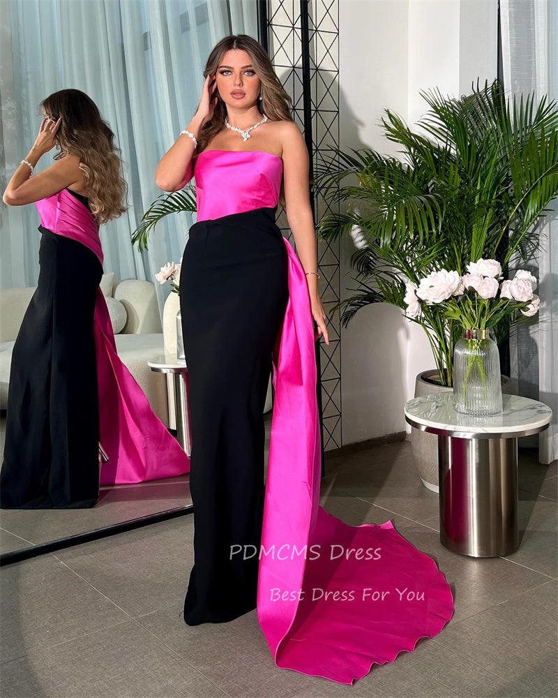 Charming Hot Pink/Black Satin Evening Party Dresses Strapless Floor Length Simp image 4