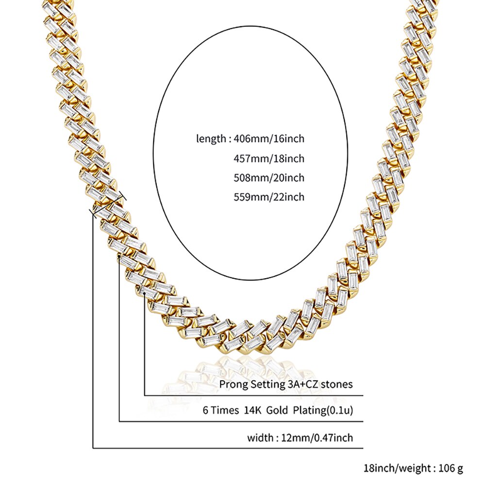 TOPGRILLZ 12MM Iced Out Baguette Channel Set Cuban Necklace in White Gold image 1