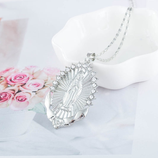 Holy Virgin Mary Pendant Necklace Religion Dainty Golden Christian Cubic image 0