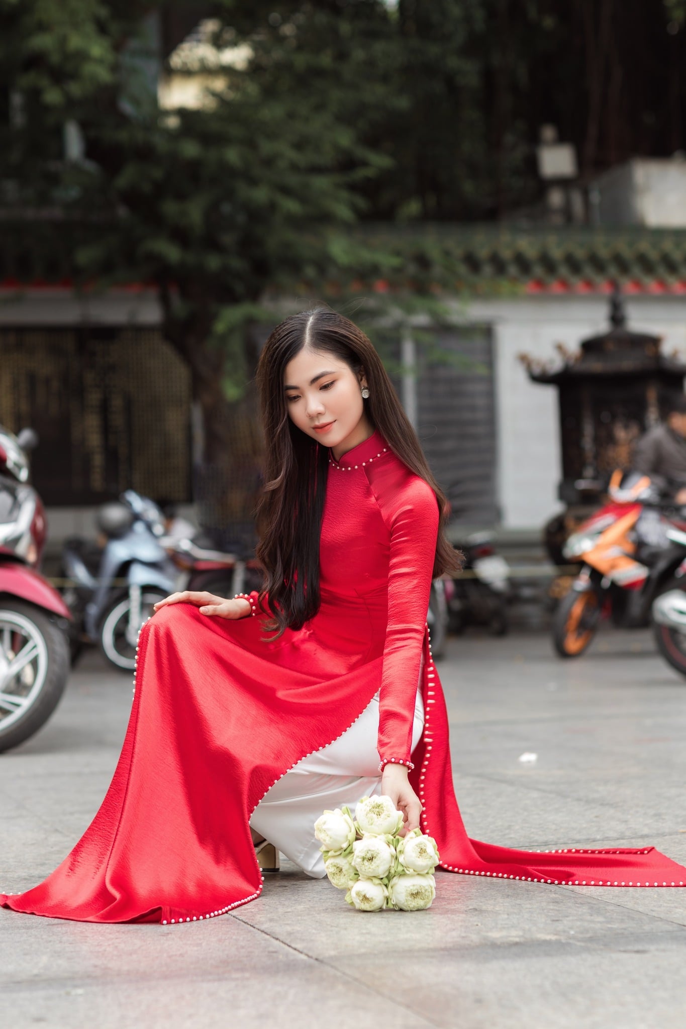 Customized  Red Women Aodai Vetnam Clothing Long Cheongsam Aodai Vietnamese Tra image 2