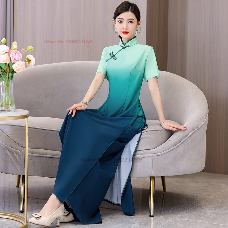 2024 vietnam aodai dress cheongsam national gradient color dress+pants set impr image 5