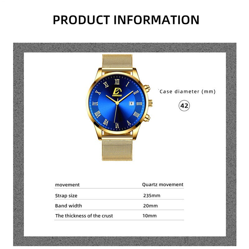 2PCS Set Fashion Mens Calendar Watches Luxury Men Business Gold Stainless Steel image 2