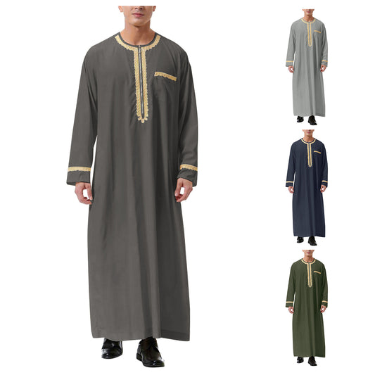 Muslim Islamic Clothing Men Jubba Thobe Print Zipper Kimono Long Robe Saudi Mus image 0