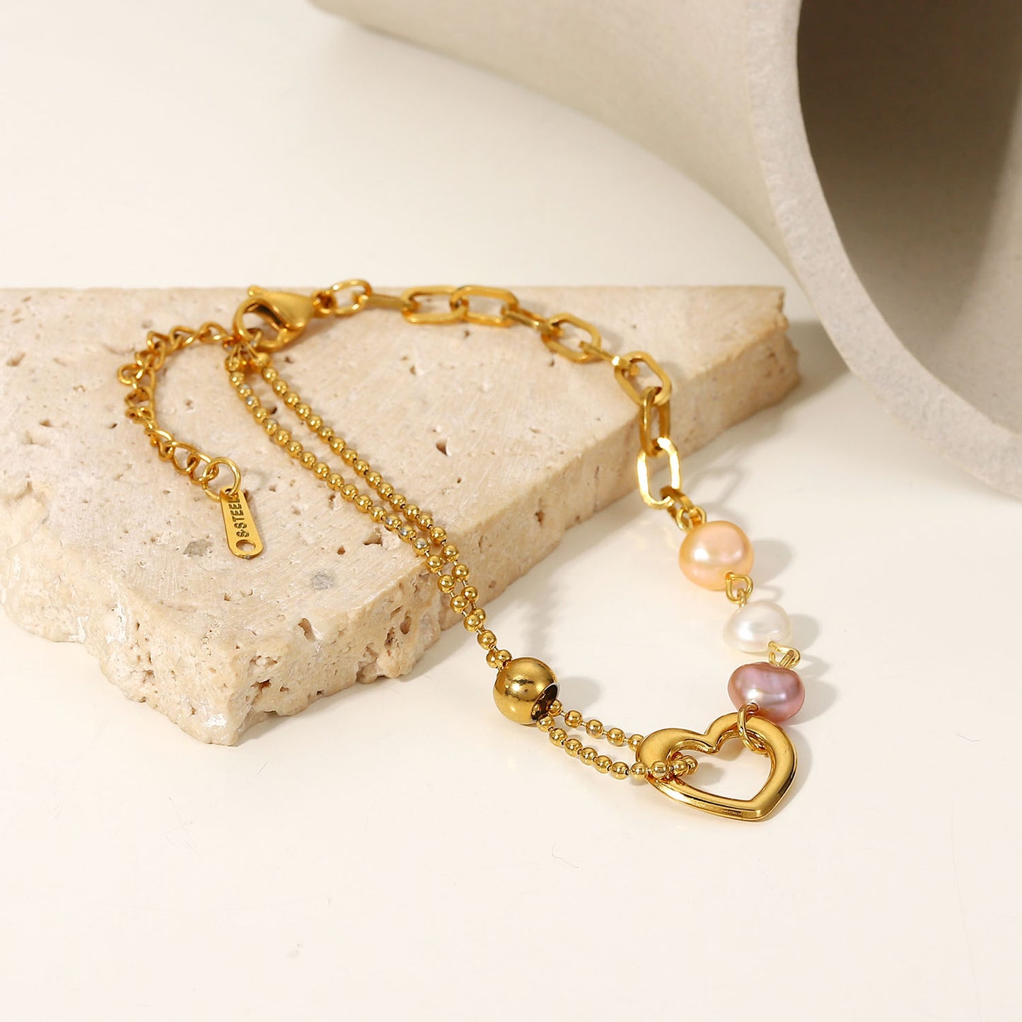 Stainless Steel PVD 18K Gold Plated Tarnish Waterproof Natural Pearl Heart Brac image 4