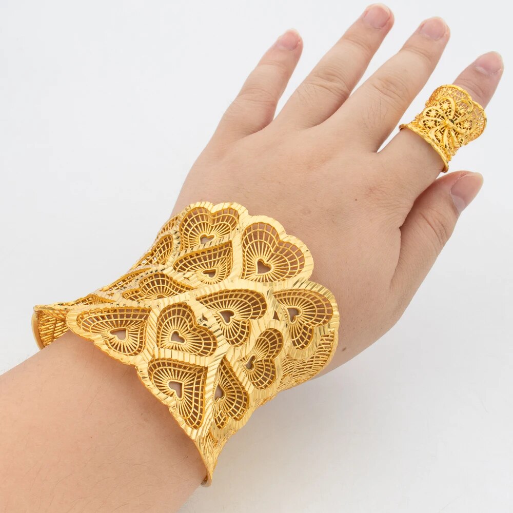 Dubai Cuff Bangle with Ring For Women 18k Gold Plated Copper Bracelet Jewelry N image 10
