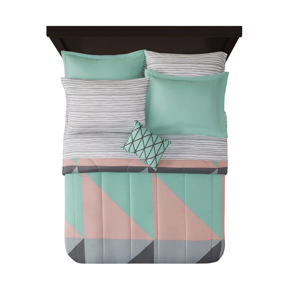 Mainstays Gray and Teal Geometric 8 Piece Bed in a Bag Comforter Set With Sheet image 1