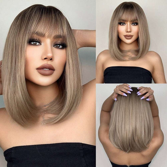 Short Straight Bob Wigs with Bangs Golden Brown Natural Synthetic Hair for Wome image 0
