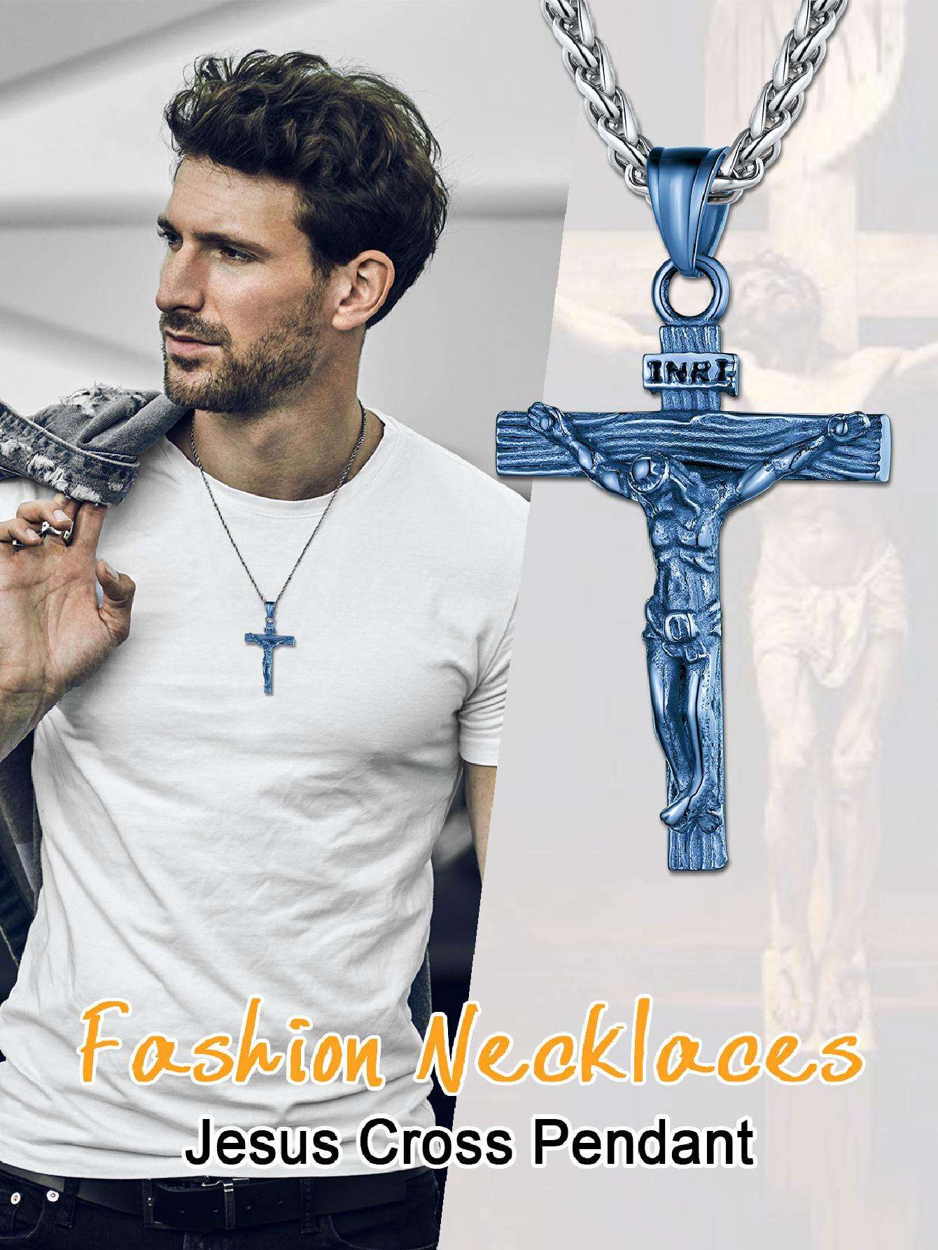 U7 Men INRI Cross Pendant Baptism Christian Jewelry Stainless Steel/Gold/Black/ image 2