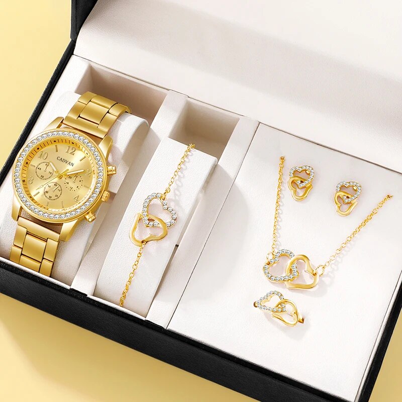 6PCS Set Rose Gold Luxury Watch Women Ring Necklace Earring Rhinestone Fashion image 3