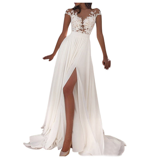 Elegant Women Wedding Party Long Dress Sexy Lace Chiffon V-Neck White Dress Hol image 1