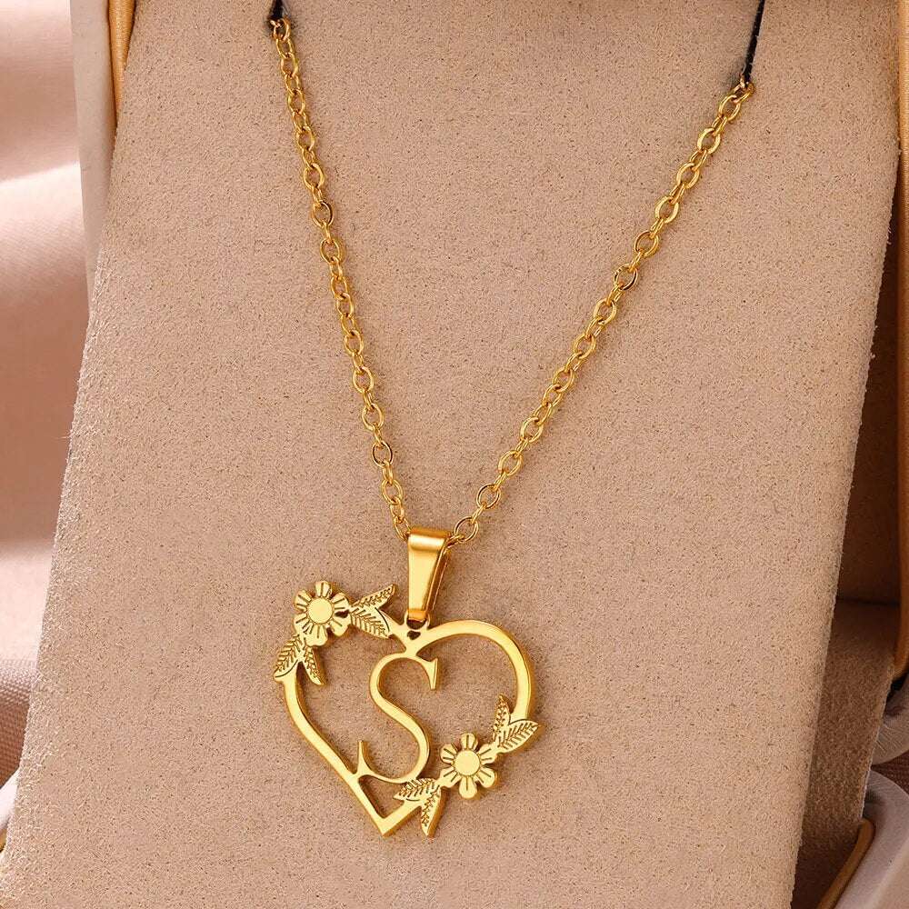Gold Color Dainty Flower Initials Necklace Women Girl Stainless Steel Heart Let image 17