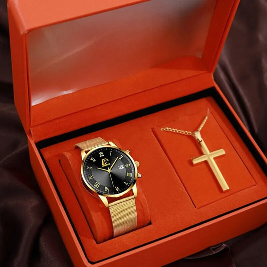 2PCS Set Fashion Mens Calendar Watches Luxury Men Business Gold Stainless Steel image 0