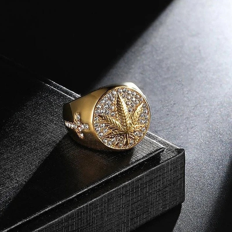 Business Men's Gold Color Carved Golden Maple Leaf Rings for Men Punk Inlaid wi image 2