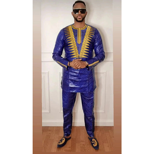 H&D New African Clothes for Men Tradition Clothing Embroidery Blue 2 Pcs Set To image 0