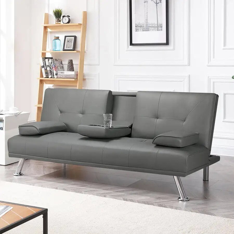 LuxuryGoods Modern Faux Leather Futon with Cupholders and Pillows, Black image 2