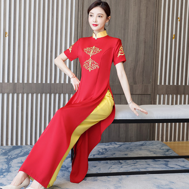 Ao Dai Vietnam Improve Qipao Green Women Fashion Long Chinese Style Two Piece S image 1