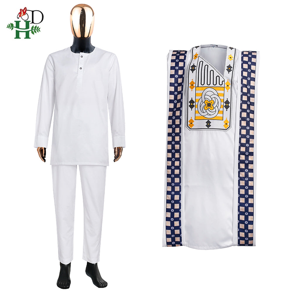 H&D African Clothes for Men Traditional Rich Bazin Original   Embroidery White image 4