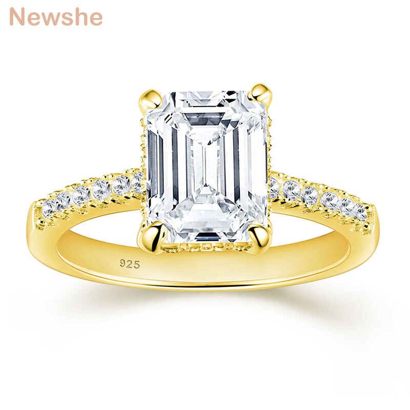 Newshe Yellow /Rose Gold Solid 925 Silver 3 Carat Emerald Cut Engagement image 3