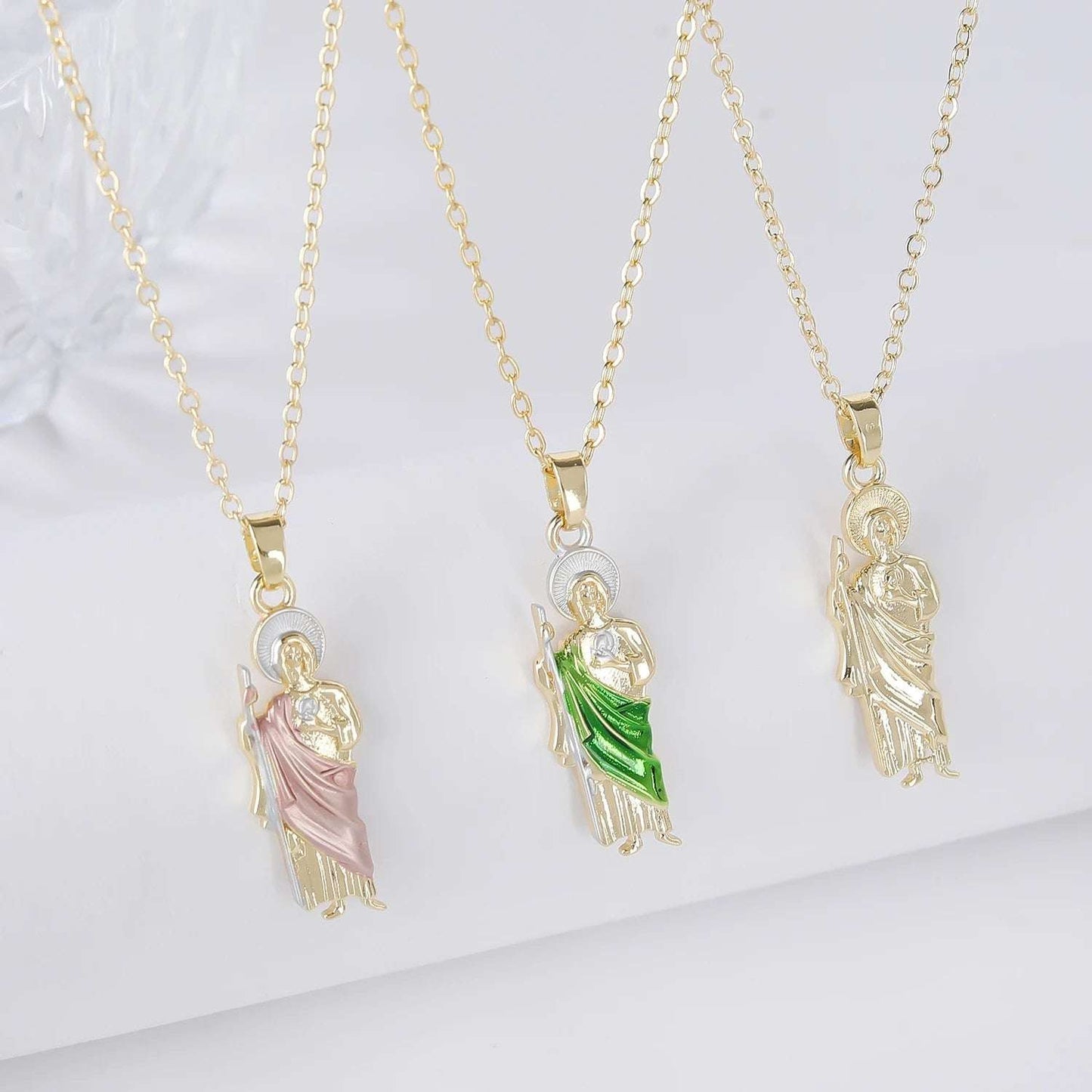 Green Pink Gold Color San Judas Tadeo Pendant Necklace 3 Sizes Gold Necklace fo image 8