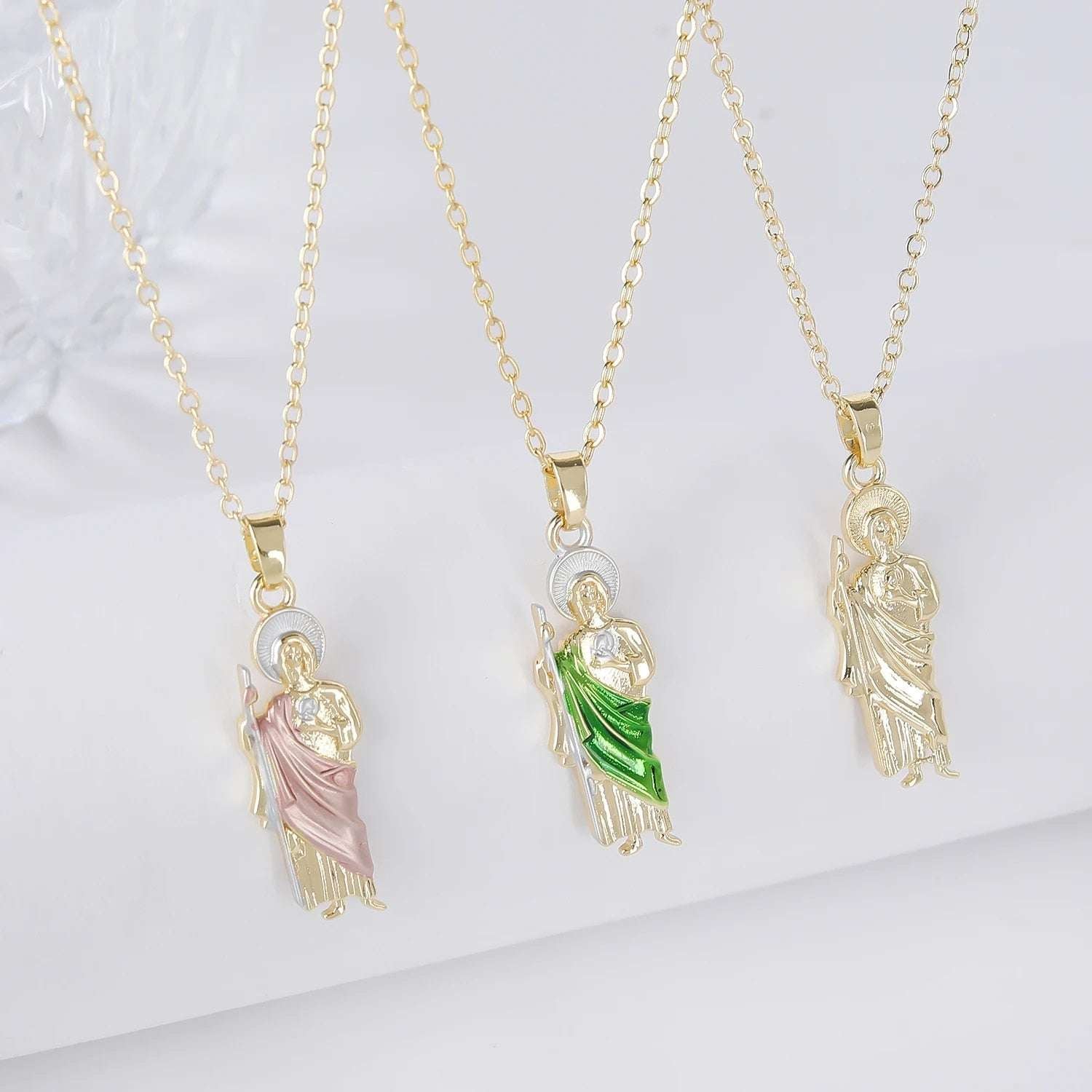 Green Pink Gold Color San Judas Tadeo Pendant Necklace 3 Sizes Gold Necklace fo image 8