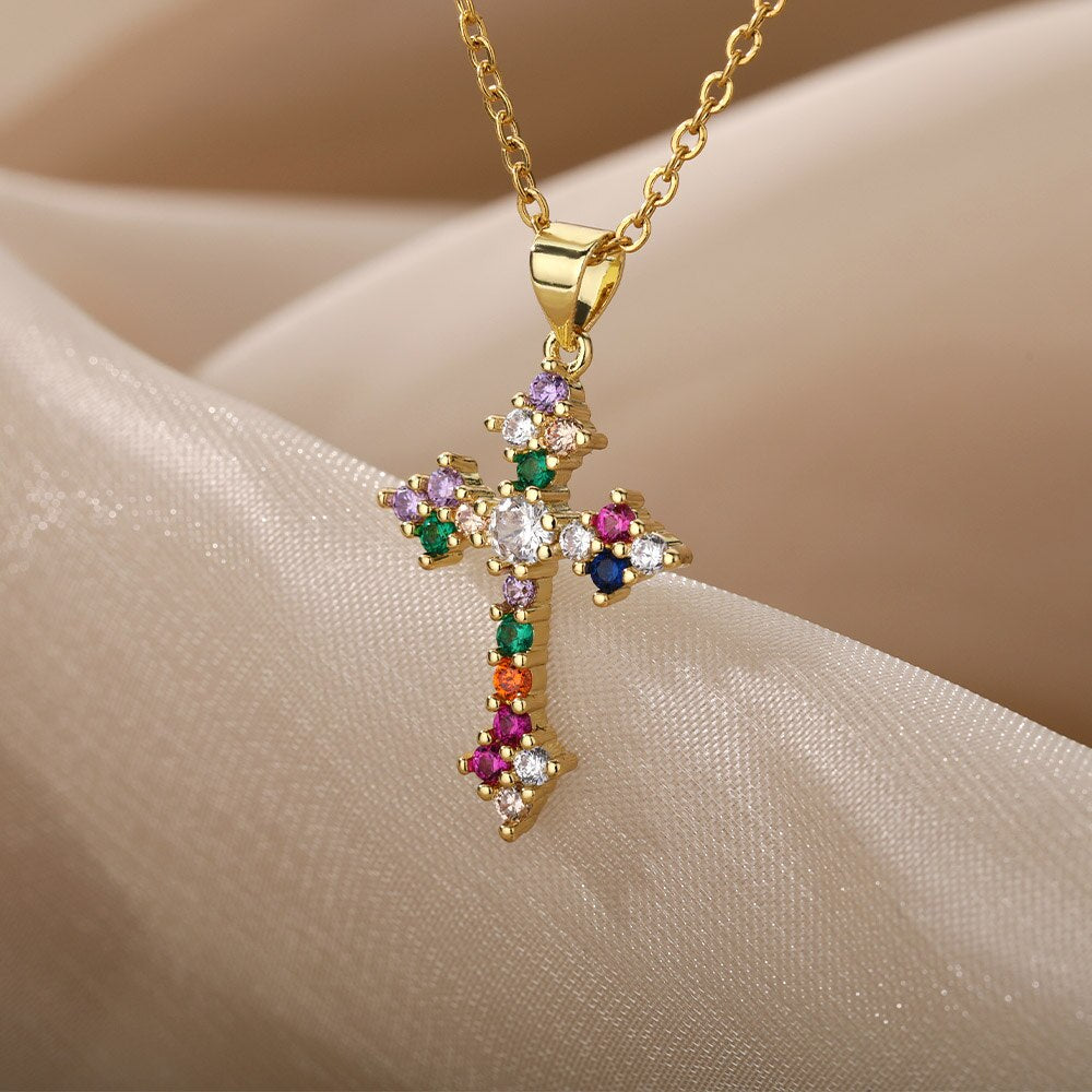 Zircon Cross Necklaces For Women Gold Color Stainless Steel Neck Chain Female image 2