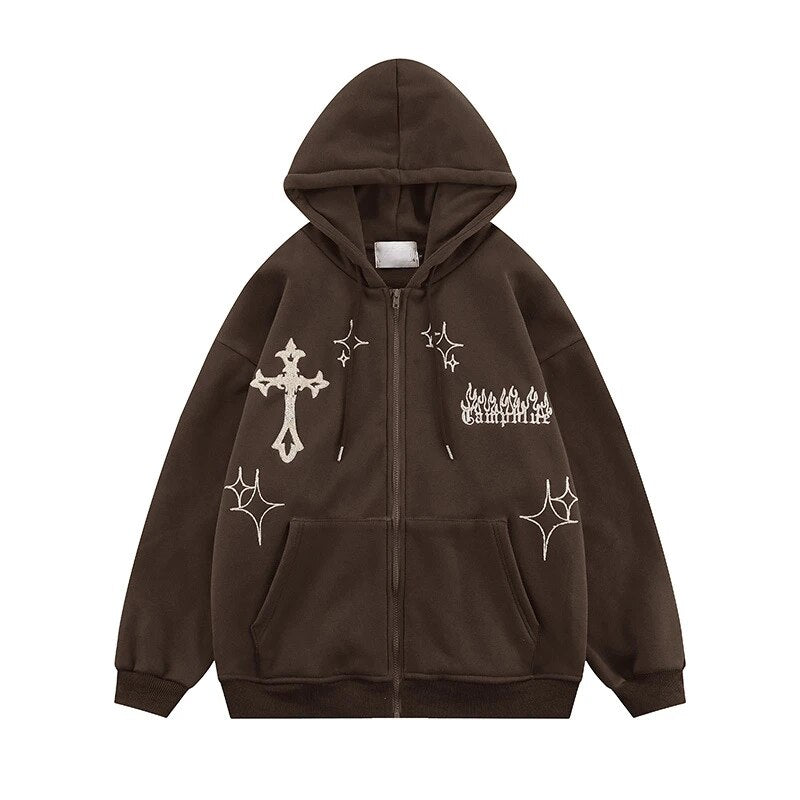 Gothic Embroidery Retro Hoodies Women Harajuku Long Sleeve Zip Up Loose Hooded image 7