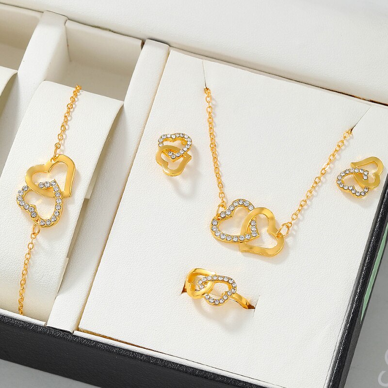 5PCS Set Gold-Color Heart Shaped Jewelry Sets Of Ring Earrings Necklace For Wom image 0