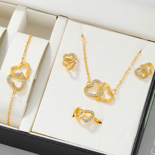 5PCS Set Gold-Color Heart Shaped Jewelry Sets Of Ring Earrings Necklace For Wom image 0