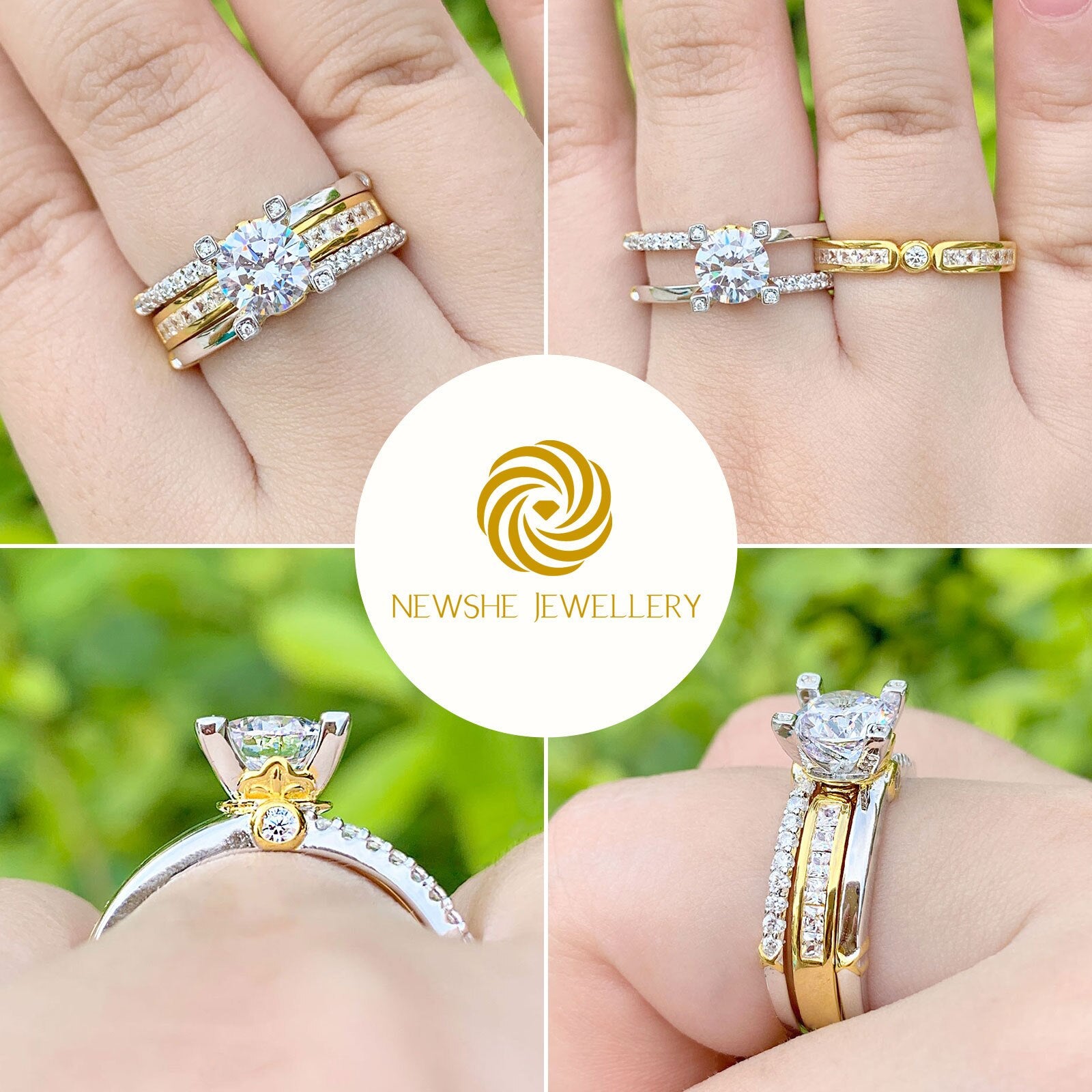 Newshe Multi Tone Yellow Gold 925 Sterling Silver Wedding Engagement Ring image 5