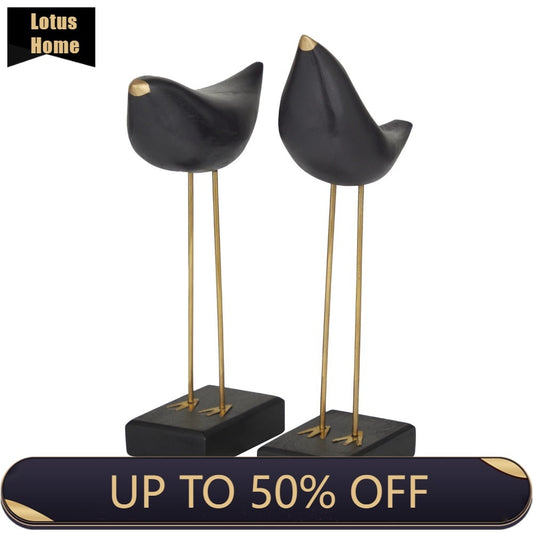Wood Traditional Wooden Bird with Golden Legs and Beaks Sculptures 3"W x 13"H, image 0